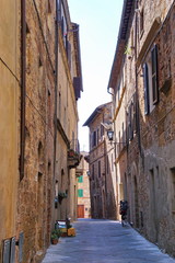 Narrow streets in Pienza town in Tuscany, Italy.