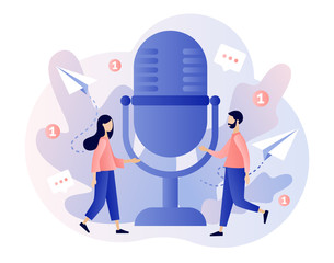 Voice messages concept. Tiny people use big microphone to record message or talk to voice assistant. Chat app. Modern flat cartoon style. Vector illustration on white background