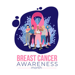 Breast cancer awareness month. Concept of women's social movement against oncology disease. Friendship of women with pink ribbon. Solidarity of womens against a cancer. Flat vector art.