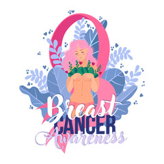 Breast cancer awareness month concept. Young women holding her breast and standing in pink ribbon. Annual campaign to increase awareness of the disease. Flat vector illustration.