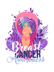Breast cancer awareness month concept. Young women holding her breast and standing in pink ribbon. Annual campaign to increase awareness of the disease. Flat vector illustration.