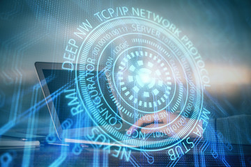 A man working on Laptop with technology theme drawing. Concept of big data. Double exposure.