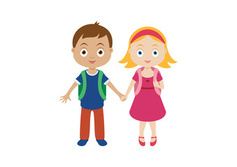 Two cute kids holding hands icon vector. Back to school children icon vector. School children cartoon character. Couple of happy kids icon isolated on a white background