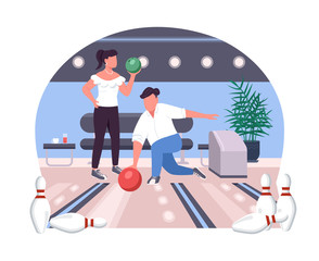 Couple in bowling alley 2D vector web banner, poster. Two people play game. Friends flat characters on cartoon background. Weekend sport activity printable patch, colorful web element