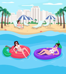 Obraz na płótnie Canvas Pregnant women resting at beach flat color vector illustration. Seaside resort. Summer vacations. Ladies floating on air mattresses. 2D cartoon characters with cityscape on background