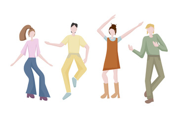 young men and women dancing together at a party or disco.  It's time to relax and get some rest. Fun to celebrate a holiday or birthday. Dance moves, activity, entertainment. Flat design