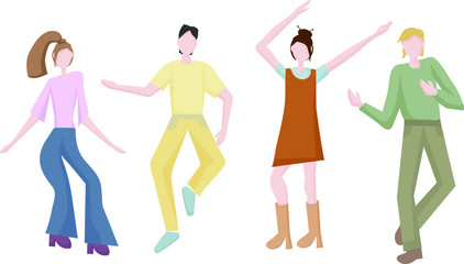 young men and women dancing together at a party or disco.  It's time to relax and get some rest. Fun to celebrate a holiday or birthday. Dance moves, activity, entertainment. Flat design