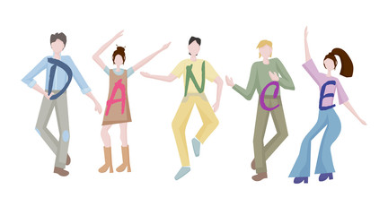 Obraz premium young men and women dancing together at a party or disco. It's time to relax and get some rest. Fun to celebrate a holiday or birthday. Dance moves, activity, entertainment. Flat design