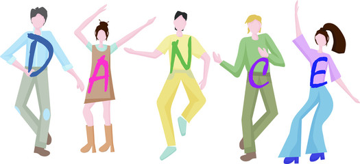 young men and women dancing together at a party or disco.  It's time to relax and get some rest. Fun to celebrate a holiday or birthday. Dance moves, activity, entertainment. Flat design