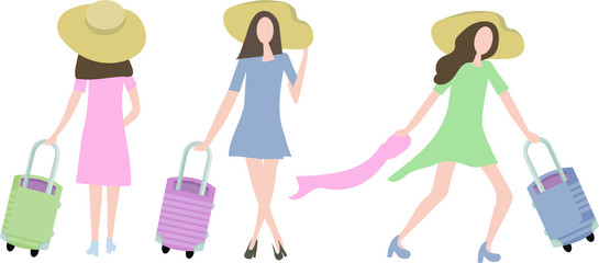 Elegant girls with a suitcase go on a trip, they will have an unforgettable holiday. In a beautiful dress, high heels shoes and a big hat from the sun. Flat design