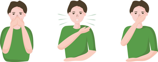 How to sneeze or cough properly, to prevent the spread of viruses. you have to close your mouth with hand. people with a cold and a disease sneeze. Preventive measures against coronavirus infection.