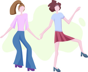 Obraz na płótnie Canvas Two modern young girls dancing. Dance moves, fun and entertainment. Women's friendship and shared leisure, party. Concept for a banner, website design or target web page.