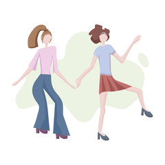 Naklejka na ściany i meble Two modern young girls dancing. Dance moves, fun and entertainment. Women's friendship and shared leisure, party. Concept for a banner, website design or target web page.