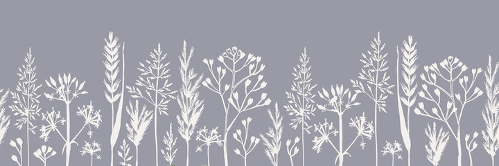 Seamless horizontal pattern made of white dry grass covered with frost. Beautiful botanical winter background, perfect for postcards, banners, textiles, wallpaper.