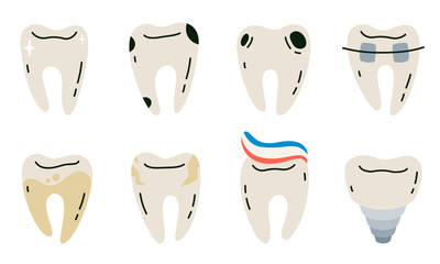 Cute tooth. Dental care, cleaning, treatment, filling and implantation, teeth dentistry protection vector illustration