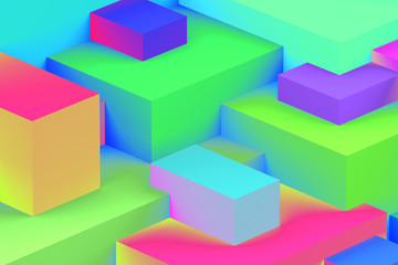 Abstract geometric cubic holographic colorful in neon lights background. isometric 3d render.