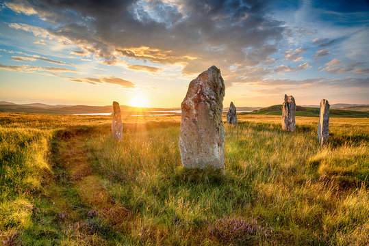 Dranatic sunset over Ceann Hulavig stone circle on the Isle of Lewis