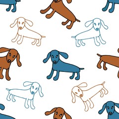 Hand-drawn simple cute seamless vector pattern in cartoon style. Brown, blue dogs on a white background. For printed children's fabrics, packaging, textile products, paper, wallpaper. Favorite pets.