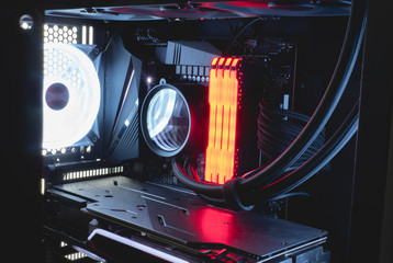inside Gaming PC with RGB LED lights, liquid cooling.