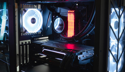 inside Gaming PC with RGB LED lights, liquid cooling.