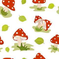 Pattern with bright cartoon fly agarics and leaves on a white background.