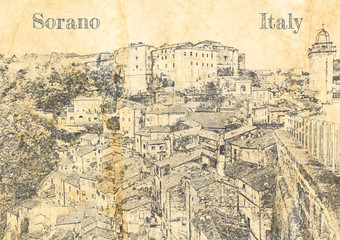 Fototapeta na wymiar Small town Sorano over roofs, Italy, sketch on old paper