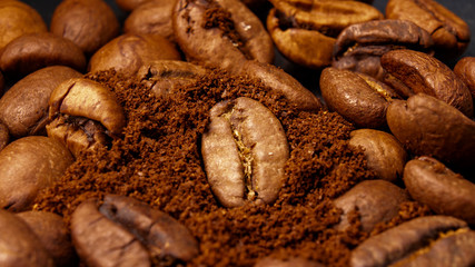 Coffee beans and ground coffee in a macro shot, close-up