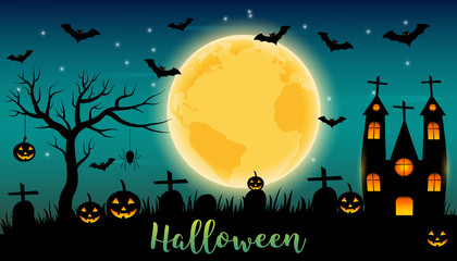 Happy Halloween banner,background with haunted house,Vector illustration.