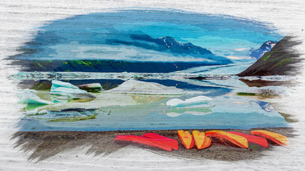Kayaks and the glacier lake in Iceland, watercolor painting