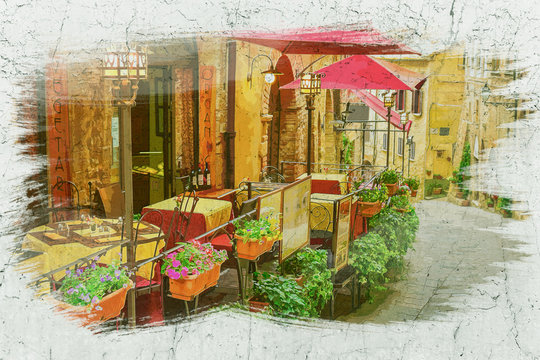 Fototapeta Small cafe on vintage street in Italy, watercolor painting