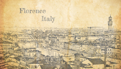 Sketch of old Florence, Italy on old paper