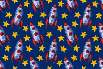 Watercolor space and astronautics illustration. Hand drawn background for kids. Cartoon rocket, planet, star, astronaut, comet and UFO. Funny drawing for posters, banners, prints, clothing