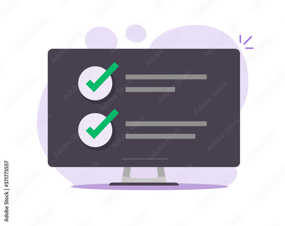 Poster Check task list online report on computer screen, exam to do checklist with checkmarks vector flat cartoon, check marks ticks on pc screen as conformed done or scheduled notices