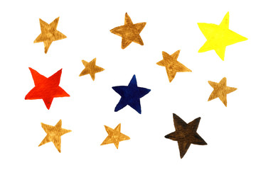 Watercolor illustration of celestial bodies. Hand drawn stars isolated on white background. Template for space banner or poster. Astronautics elements.