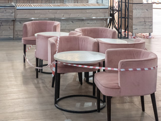 Closed public places during quarantine. Coronavirus quarantine. Closed cafes, restaurants and canteens at coronavirus epidemic time. Global pandemic.