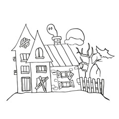 Haunted house. Vector illustration for the cheerful  holiday Halloween.Decorative element for party. Isolated object on white background in Doodle style.Clipart for postcard, invitation, textiles.