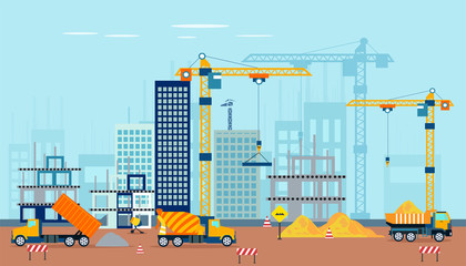 Vector of a construction site with machinery building a high rise apartment complex