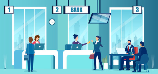 Vector of a modern bank office interior with employees and customers characters.