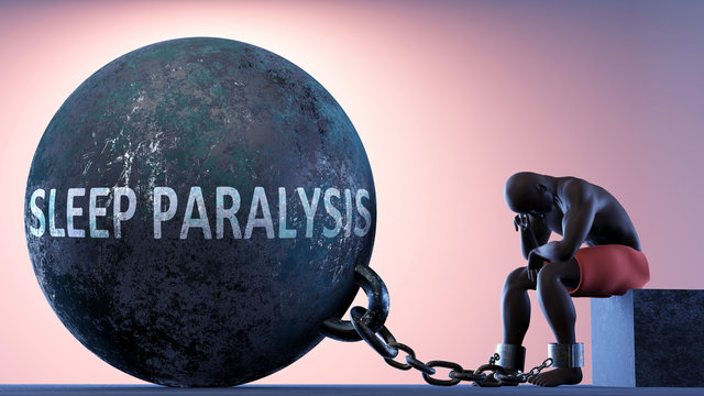 Sleep paralysis as a heavy weight in life - symbolized by a person in chains attached to a prisoner ball to show that Sleep paralysis can cause suffering, 3d illustration