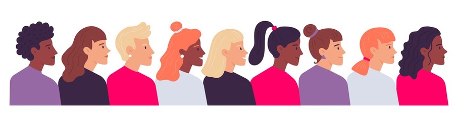 Profile women portraits. Diverse female heads side view. Cartoon characters of various nationality, having different hairstyle as ponytail, curly and straight hair vector illustration