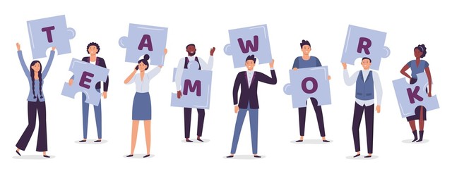 Fototapeta na wymiar Teamwork. Business team holding puzzle pieces. Cooperation and partnership in company. Female and male employees achieving goal or success together in team. Collaboration vector illustration