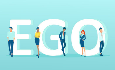 Vector of men and women standing by the word ego