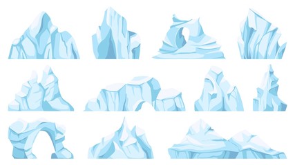 Cartoon iceberg. Drifting arctic glacier or ice rock. Frozen water, antarctic ice peaks, icy mountain for game, nature objects vector set. North pole broken pieces or ice blocks and bergs © Tartila