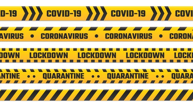 Quarantine Stripes, Yellow Tape For Border. Warning Cordon For Covid 19 Outbreak, Coronavirus Illness. Global Pandemic Lockdown, Security Tape Fencing Flu Disease Vector Illustration