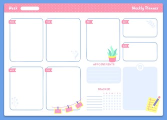 Weekly planner template. Appointments and tracker sections and trendy lettering. Organizer or schedule for notes and week days. Calendar for studying or work plans vector illustration - obrazy, fototapety, plakaty