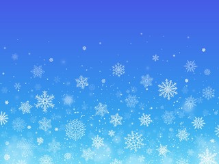 Naklejka na ściany i meble Snowflakes blue background. Winter falling snow. Christmas holiday decoration for greeting and invitation cards. Flakes of various shape and size new year template vector illustration