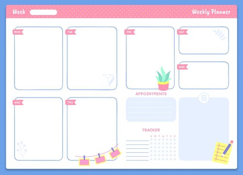 Weekly Planner Template. Appointments And Tracker Sections And Trendy Lettering. Organizer Or Schedule For Notes And Week Days. Calendar For Studying Or Work Plans Vector Illustration