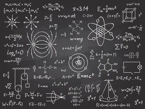 Scientific formulas. Mathematics and physics calculus on class chalkboard. Algebra and physical science handwritten vector education concept. Maths calculation on blackboard. Physics science theorem