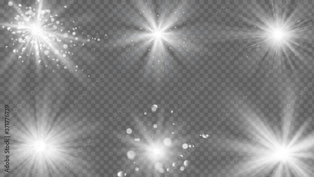 Wall mural flares and rays effect. white light burst, star sparkle. magic starburst beam with glitter, realisti