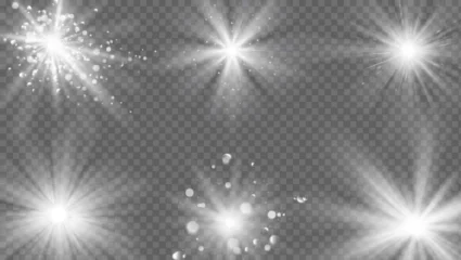 Foto op Canvas Flares and rays effect. White light burst, star sparkle. Magic starburst beam with glitter, realistic sun glow vector isolated set on transparent. Glowing explosion, bright shining effect © Tartila